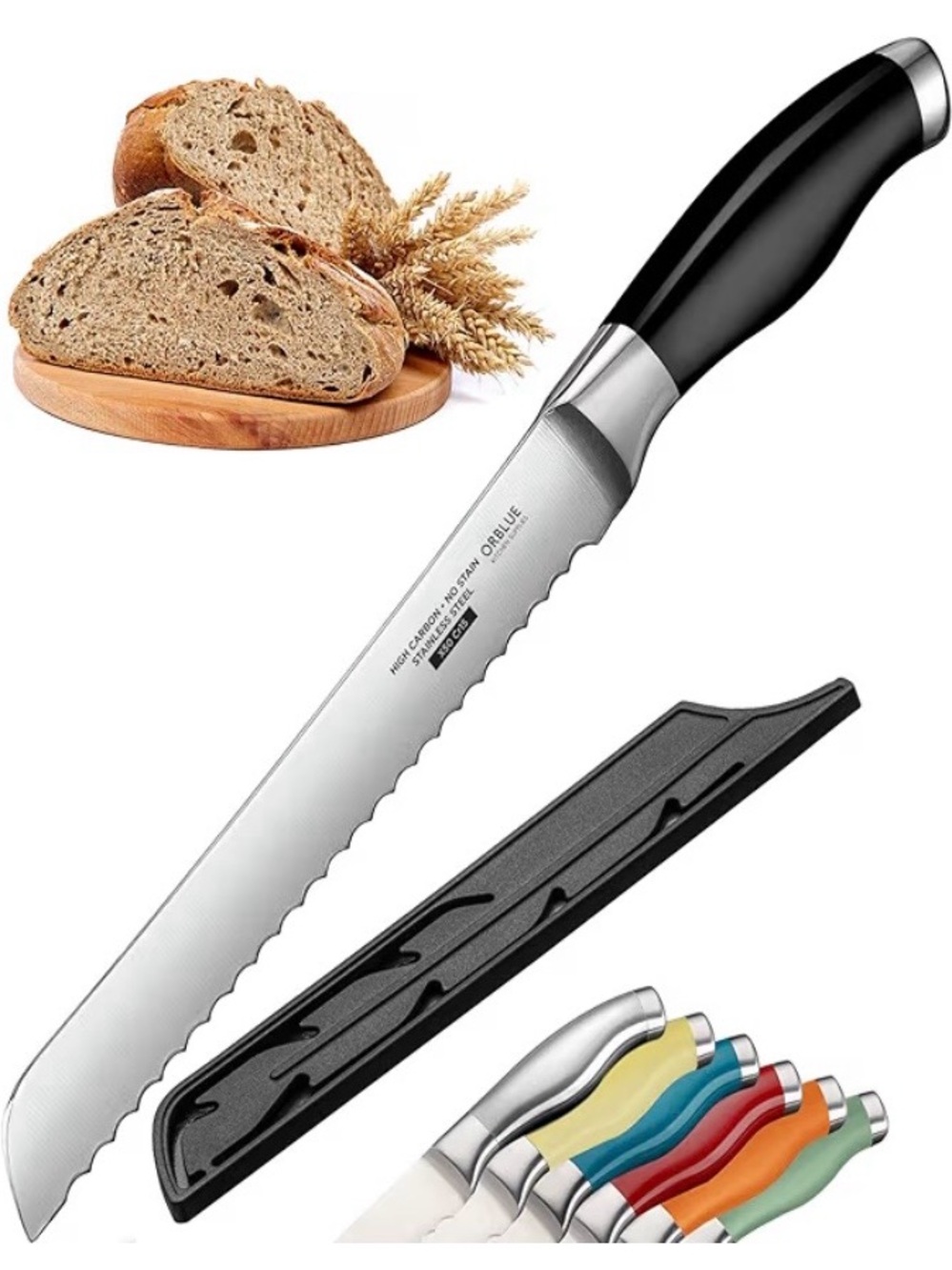 Orblue Serrated Bread Knife Ultra-Sharp Stainless Steel, BLACK, NEW